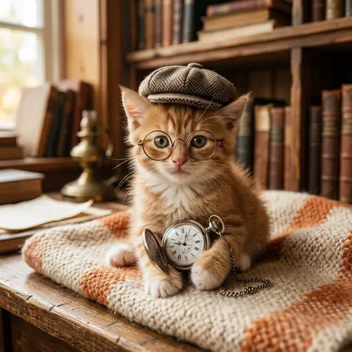 Cute Kitten in Glasses, Hat, Holding Watch - Adorable Feline!