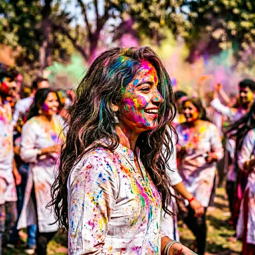 Vibrant Holi Celebration: South Asian Girl Covered in Colors