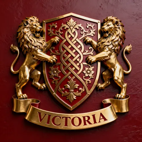 Victoria Family Crest: Heraldic Shield & Lions