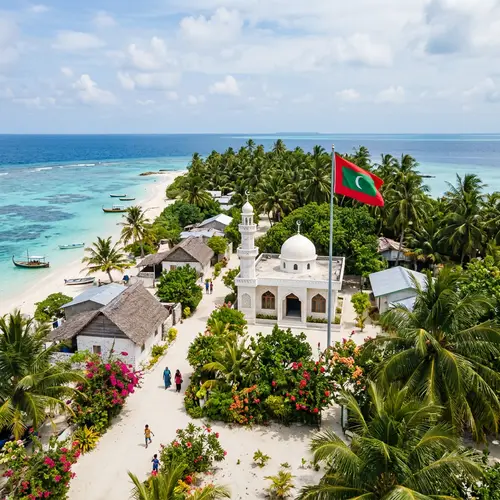 Tranquil Island Village with Mosque and Lush Greenery