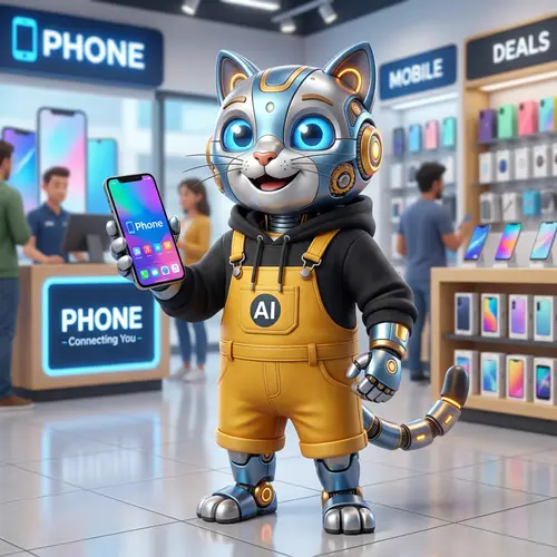Smiling Cartoon Robot Mascot for Phone Retail