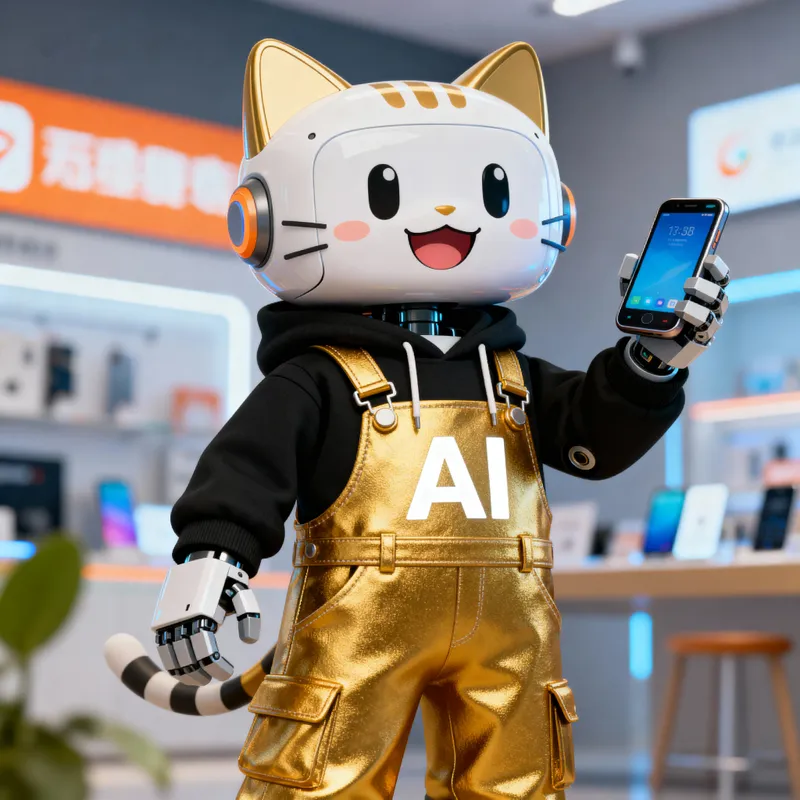 Smiling Cartoon Robot Mascot for Phone Retail