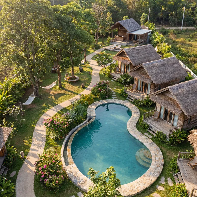 Charming Small Resort Design with Pool and Cottages
