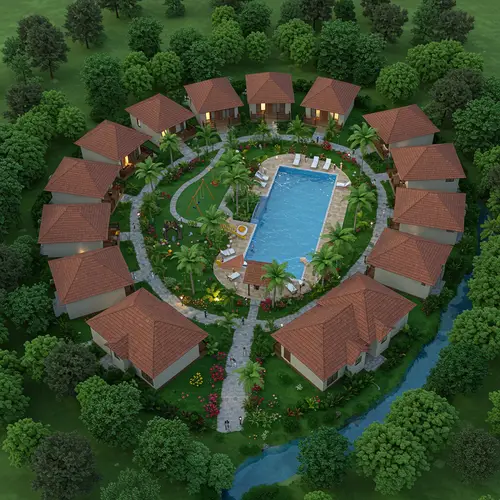 Charming Small Resort Design with Pool and Cottages