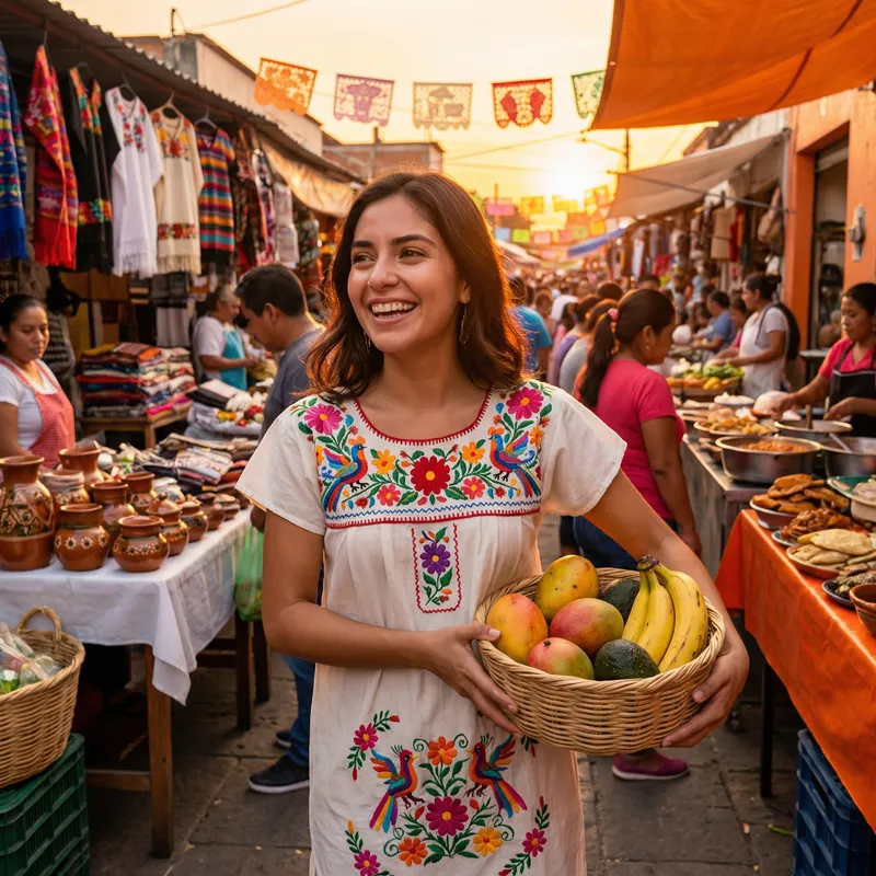 Young Mexican Woman in Colorful Dress at Vibrant Market