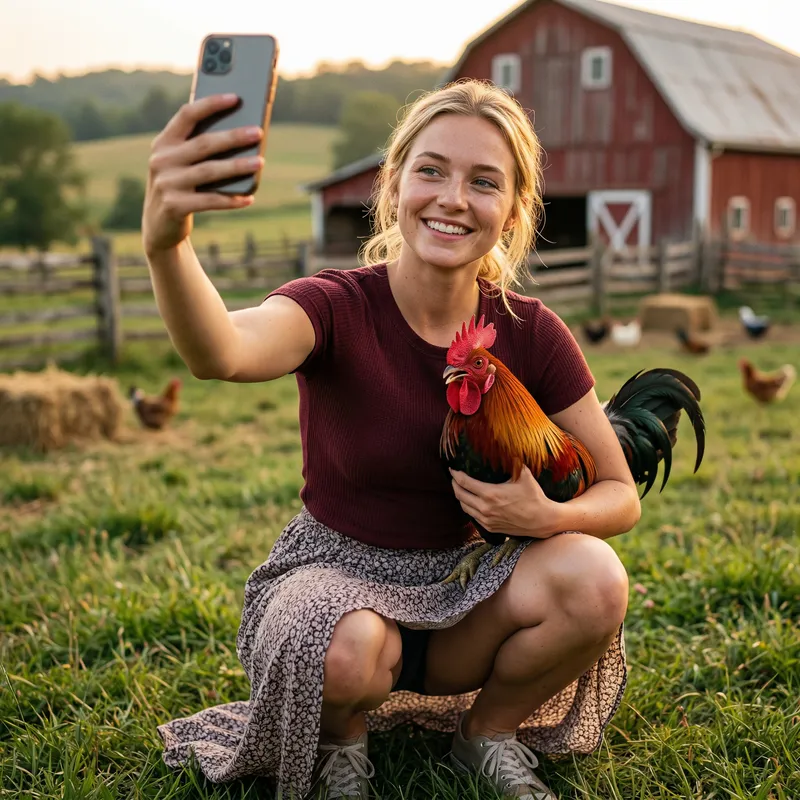 Bright Selfie of a Young Woman on a Farm at Sunset