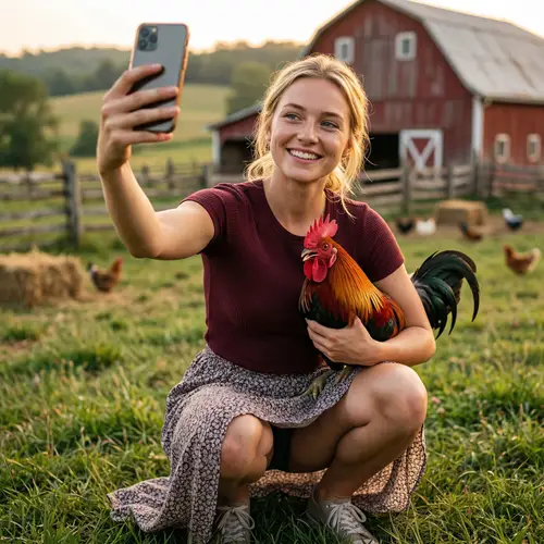 Bright Selfie of a Young Woman on a Farm at Sunset