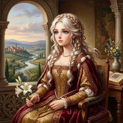 Renaissance Style Blonde and White Hair Anime Character Illustration