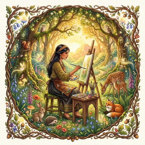 Enchanting Woodland Fairy Tale Scene with Hispanic Female Painter