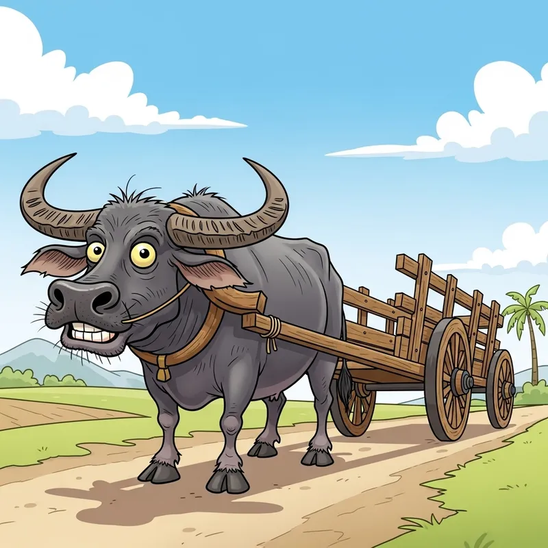 Carabao with Long Empty Cart Caricature
