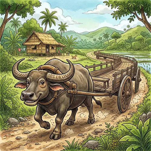 Carabao with Long Empty Cart Caricature