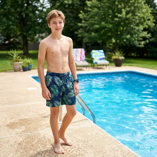 Fifteen-Year-Old Boy in Swim Trunks