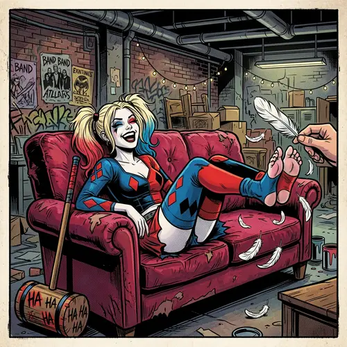 Harley Quinn Tickled: Comic Book Character Jestingly Tickled on Plush Sofa