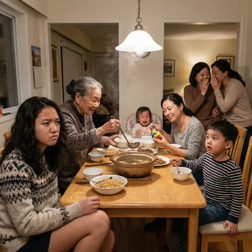 Detailed Asian Family Dinner Scene Illustration with Teenage Girl Distracted
