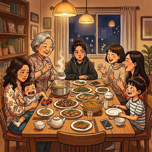 Asian Family Dinner Illustration: Teenage Girl's Daydream