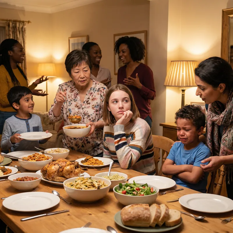 Detailed Family Dinner Illustration: Teenage Girl Daydreaming Amidst Vibrant Chaos