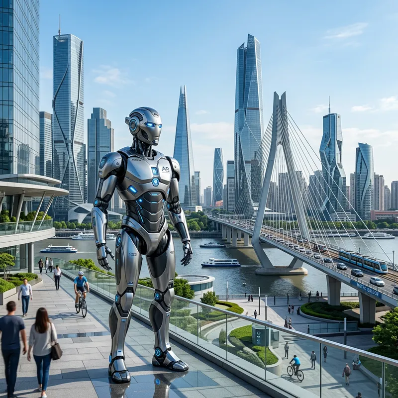 Futuristic Robot Amidst Modern Cityscapes