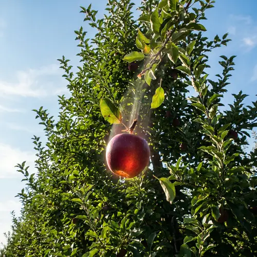 Vivid Image of a Freshly Ripened Apple Falling from Tree