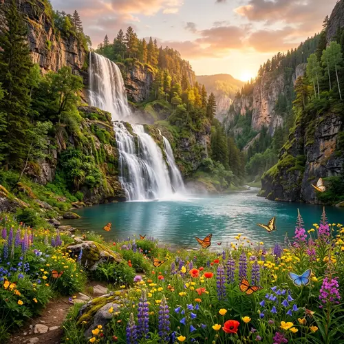 Tranquil Waterfall Landscape with Vibrant Wildflowers