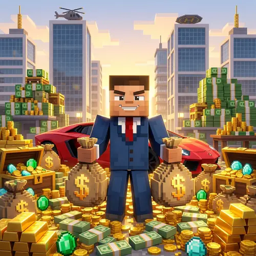 Minecraft Style Character Surrounded by Wealth