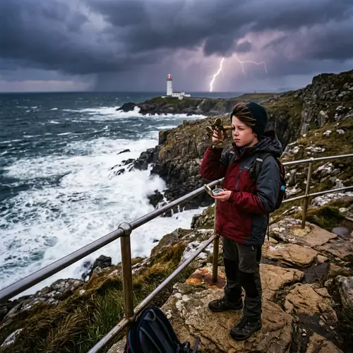 Boy with Compass at Stormy Cliff Observation Point