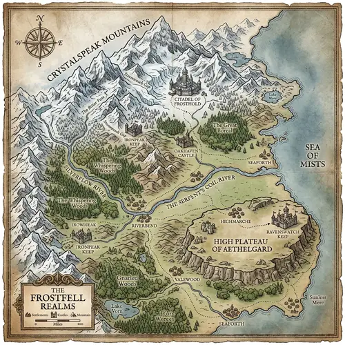 Fantasy Map with Snowy Mountains and Castles