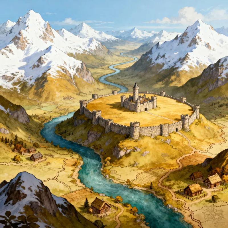Fantasy Map with Snowy Mountains and Castles