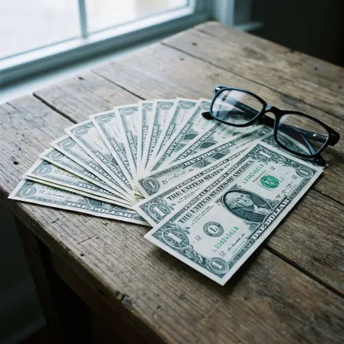Neatly Arranged Fan of US One Dollar Bills on Wooden Table