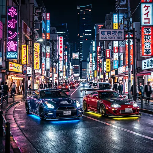 Japanese Cars at Night with Neon Lights
