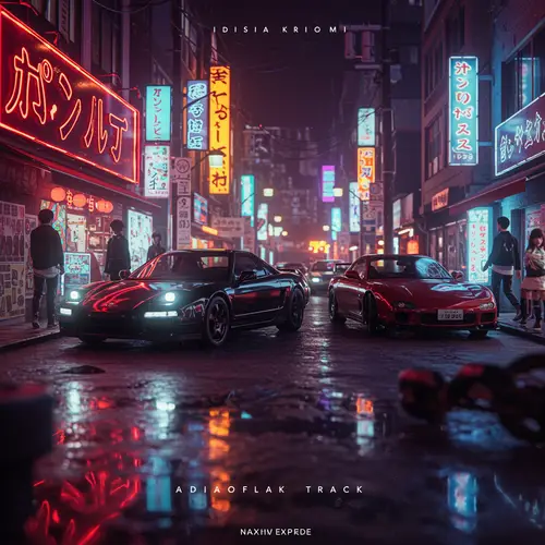 Japanese Cars at Night with Neon Lights