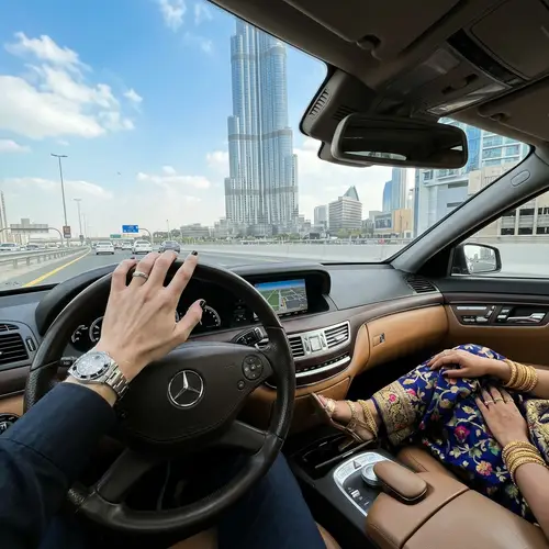 Luxury Car Steering Wheel with Burj Khalifa View