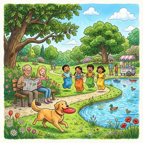 Lush Green Park with Playful Dog, Elderly Man, and Happy Kids