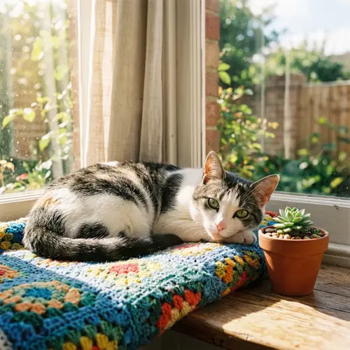 Cute Domestic Cat Resting on Colorful Blanket with Tiny Plant