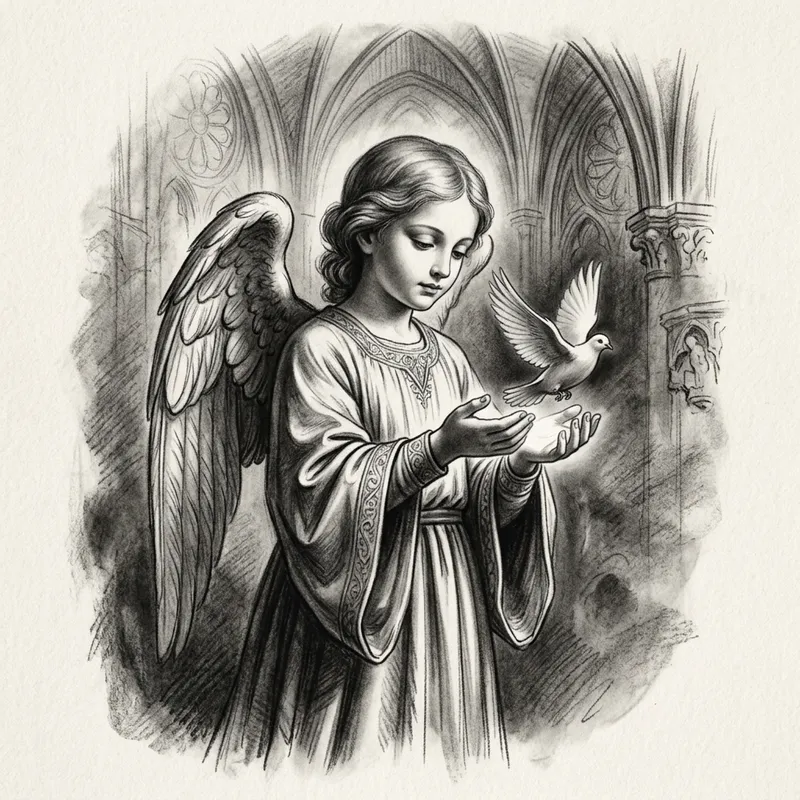 Black and White Charcoal Drawing of Little Angel Releasing Dove Black and White Charcoal Drawing of Little Angel Releasing Dove