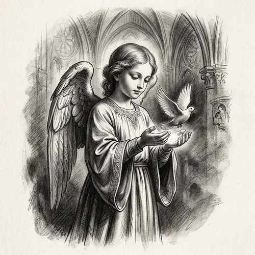 Gothic Art Charcoal Illustration with Angel Releasing Dove