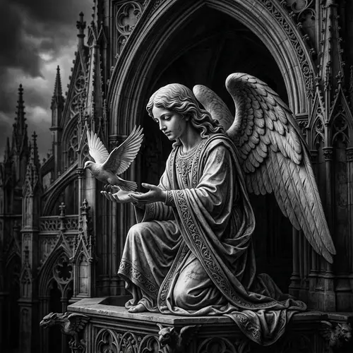 Young Caucasian Angel Setting Dove Free | Gothic Art Style