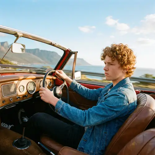Serious Caucasian Teen Boy Driving Classic Sportscar in Scenic Daylight