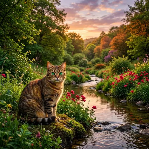 Lush Green Landscape with Tabby Cat by Calm Brook