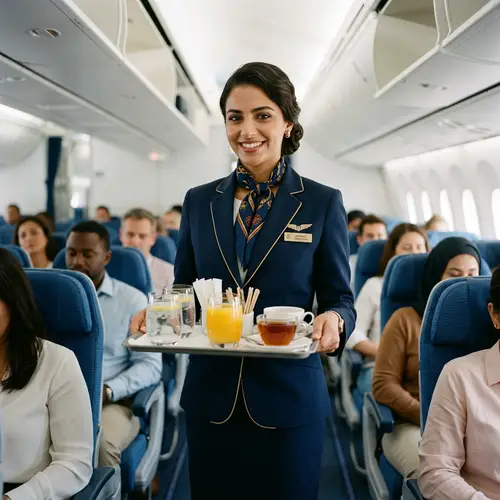 Professional Middle-Eastern Female Flight Attendant with Tray of Drinks