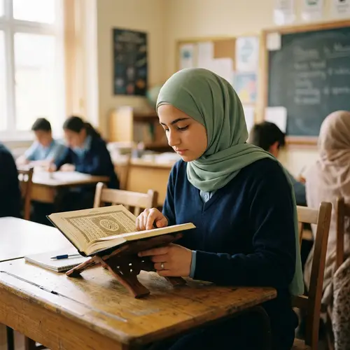 Middle-Eastern Female Student Reading Holy Quran | School Desk Scene