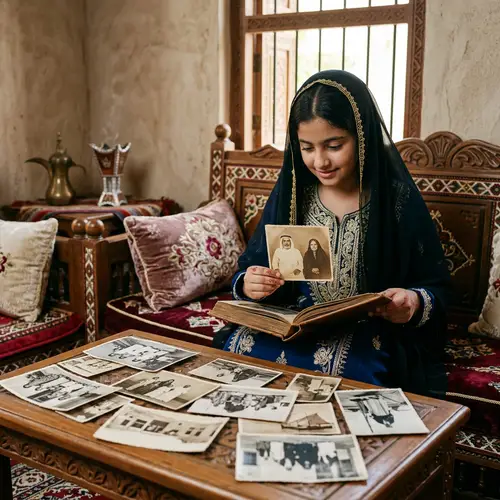 Qatari Girl Reviewing Vintage Photographs