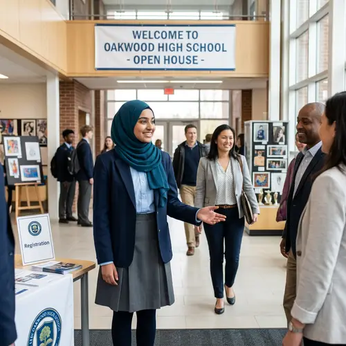 High School Student Wearing Hijab Welcomes Guests with Warm Smile