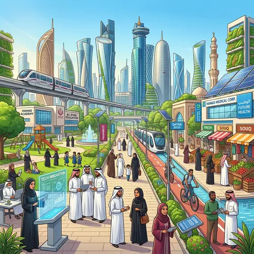 Optimistic Future Illustration for Qatari Citizens | Diverse Prosperous Life Scenes