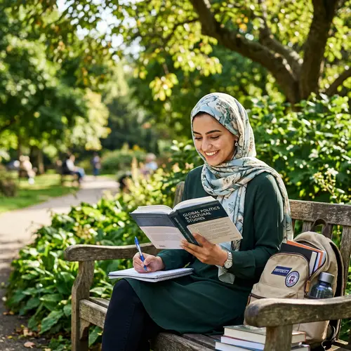 Graceful Middle-Eastern Student Immersed in Learning Outdoors
