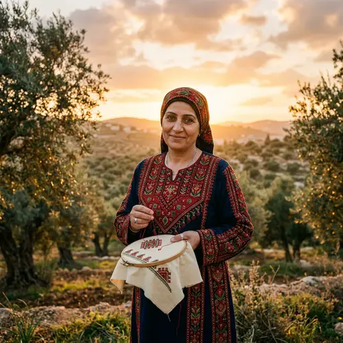 Palestinian Woman in Traditional Embroidered Clothing at Sunset