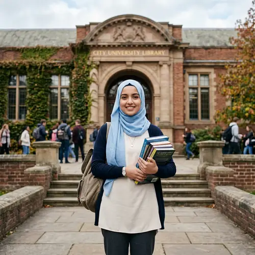 Young Student in Sky Blue Hijab: Cultural Identity & Academic Pursuit