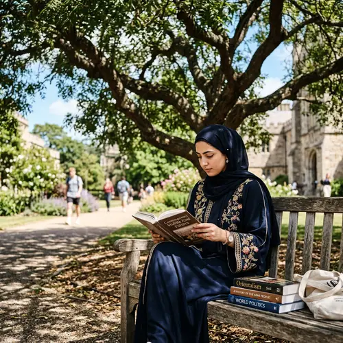 Middle-Eastern Female Student in Intricately Designed Abaya Reading Under Neem Tree