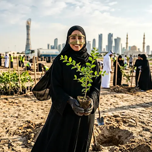 Qatari Woman Protecting Environment with Young Deciduous Tree