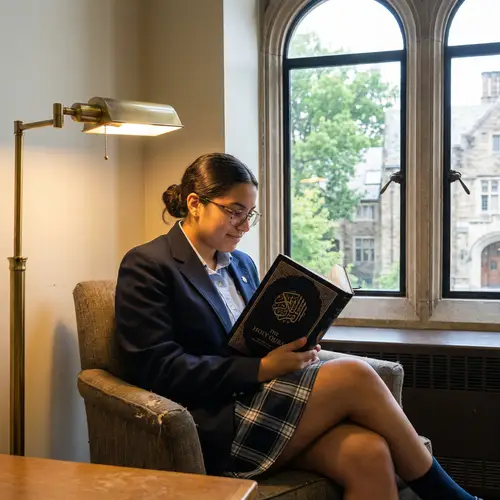 Serene Hispanic Female Student Reading Holy Quran
