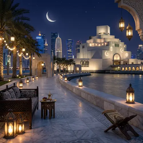 Qatar Ramadan Background in White Marble Gray & Black